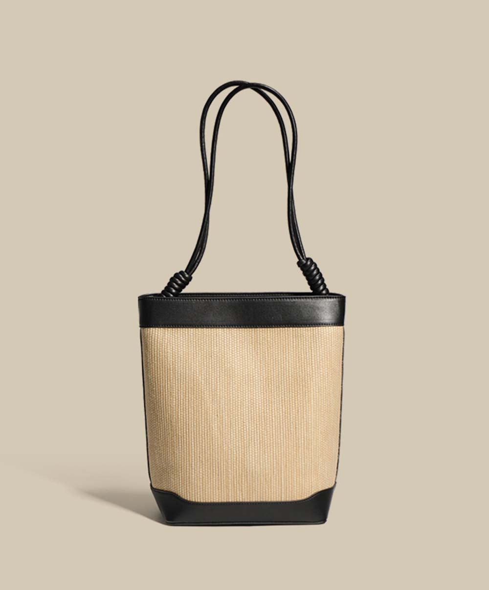Womens Calfskin Leather Straw Bucket Large Shoulder Bag