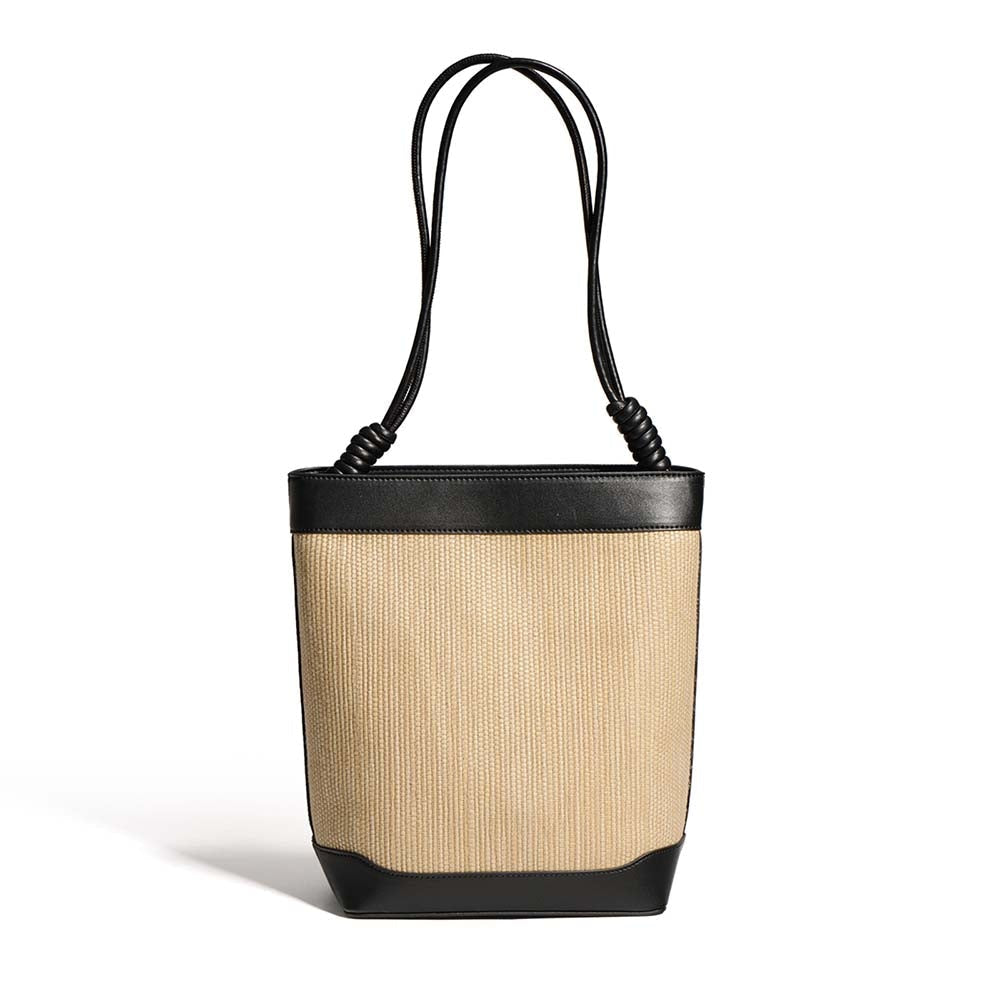 Womens Calfskin Leather Straw Bucket Large Shoulder Bag