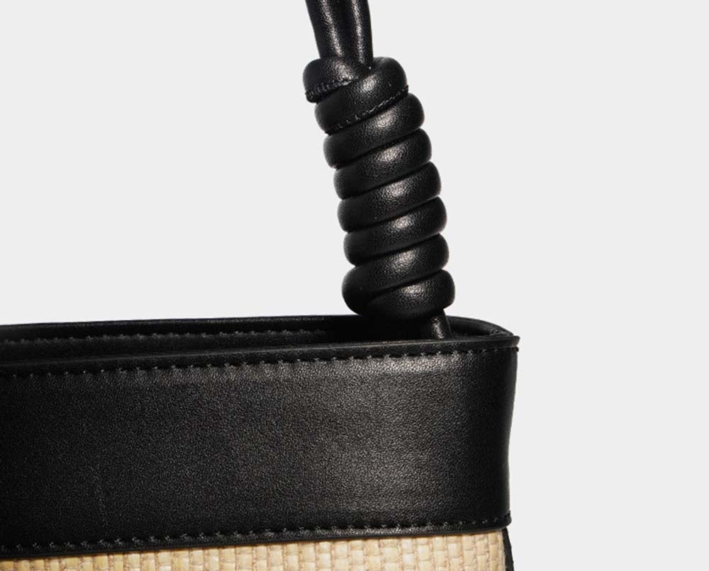 Womens Calfskin Leather Straw Bucket Large Shoulder Bag