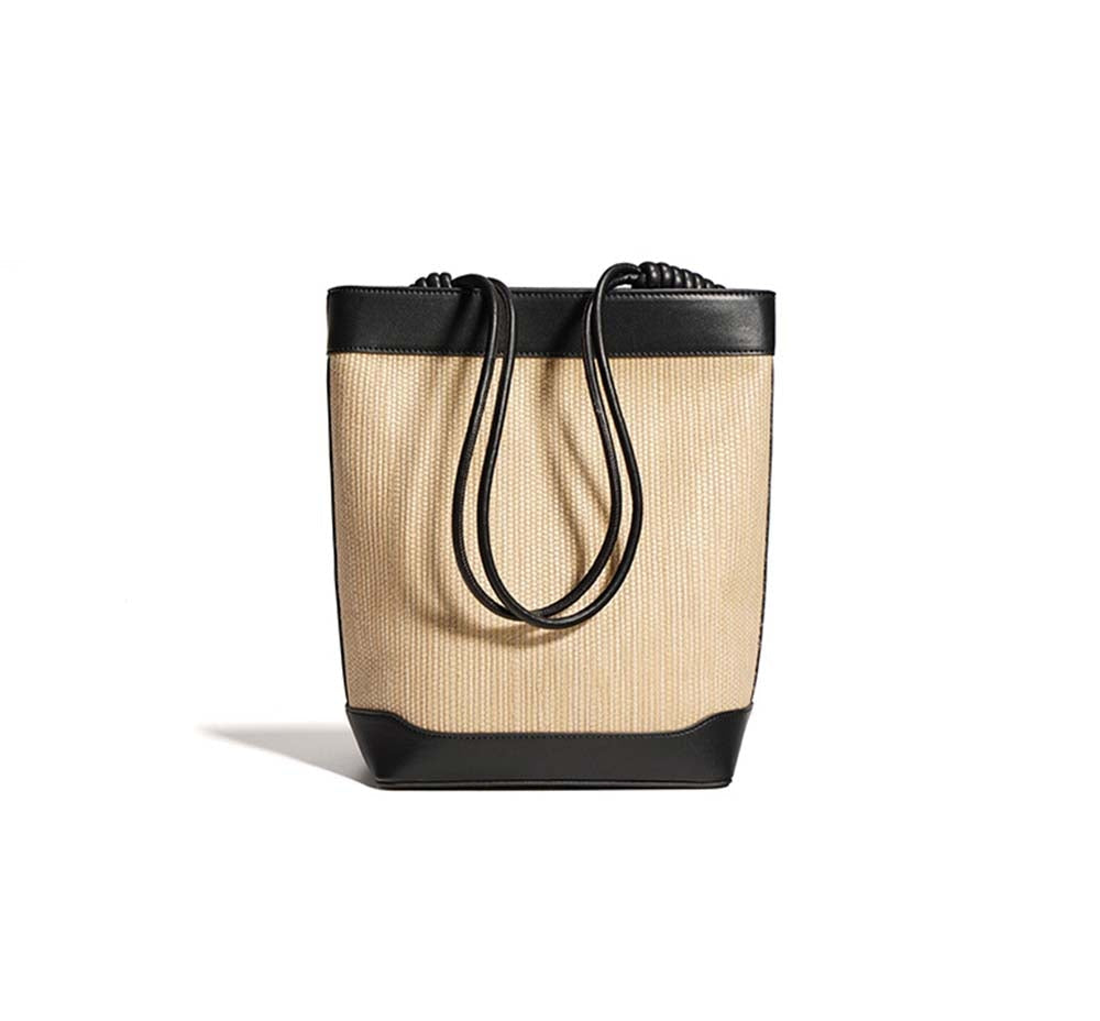 Womens Calfskin Leather Straw Bucket Large Shoulder Bag