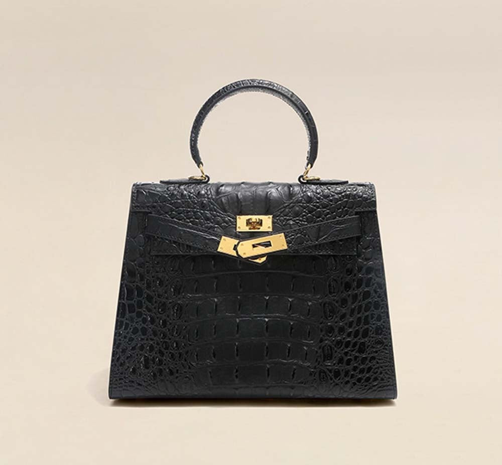 Womens Embossed Crocodile Pattern Calfskin Leather Padlock Shoulder Bag
