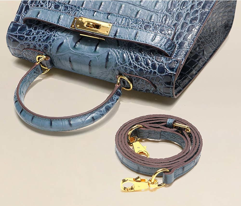 Womens Embossed Crocodile Pattern Calfskin Leather Padlock Shoulder Bag