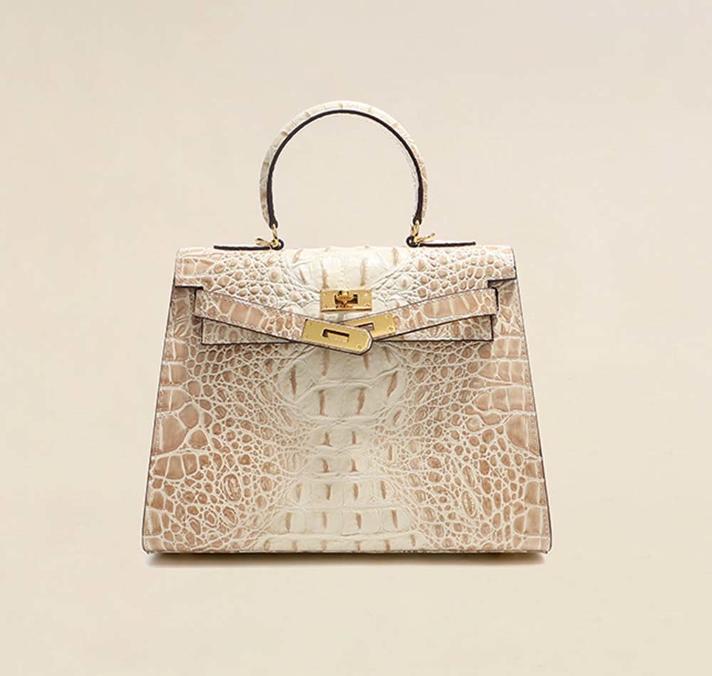 Womens Embossed Crocodile Pattern Calfskin Leather Padlock Shoulder Bag