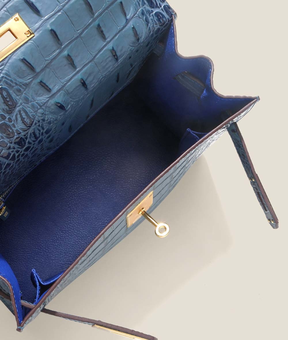 Womens Embossed Crocodile Pattern Calfskin Leather Padlock Shoulder Bag