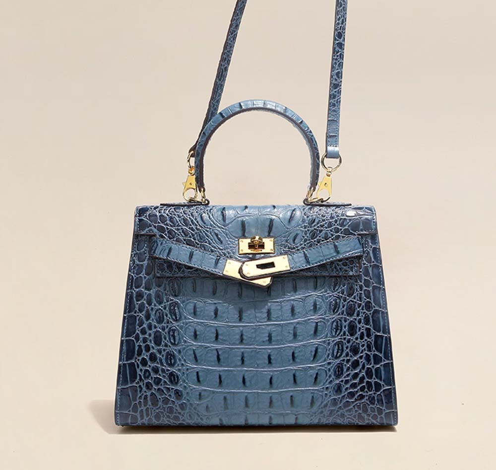Womens Embossed Crocodile Pattern Calfskin Leather Padlock Shoulder Bag