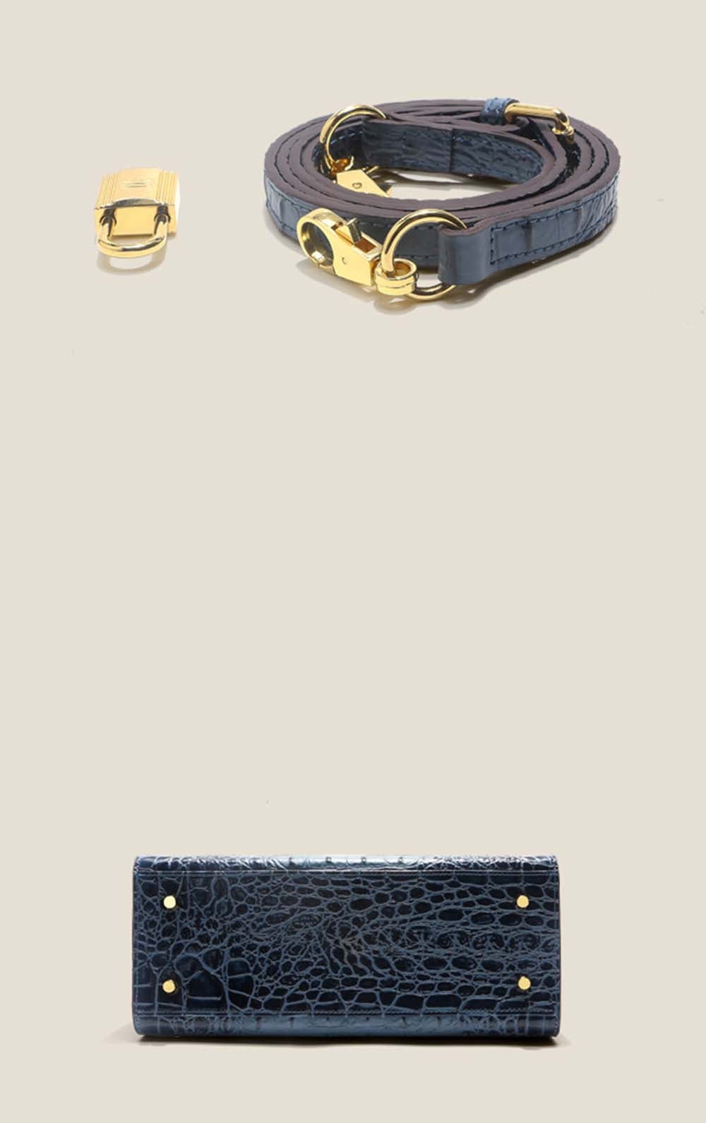 Womens Embossed Crocodile Pattern Calfskin Leather Padlock Shoulder Bag