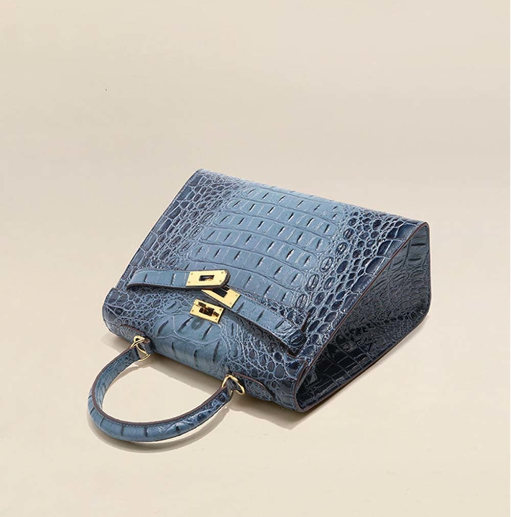 Womens Embossed Crocodile Pattern Calfskin Leather Padlock Shoulder Bag