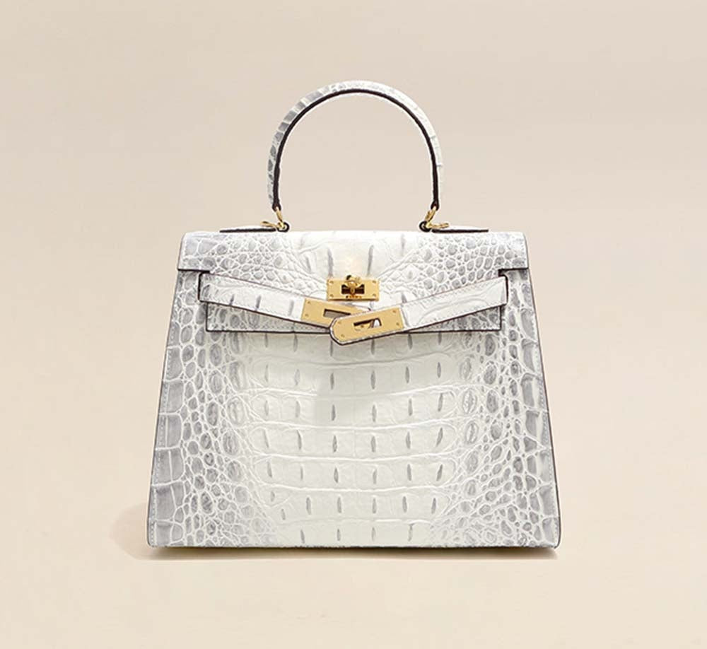 Womens Embossed Crocodile Pattern Calfskin Leather Padlock Shoulder Bag