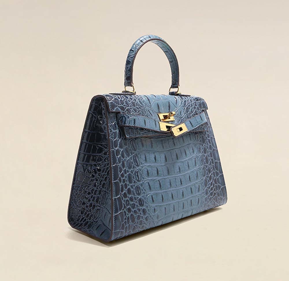 Womens Embossed Crocodile Pattern Calfskin Leather Padlock Shoulder Bag