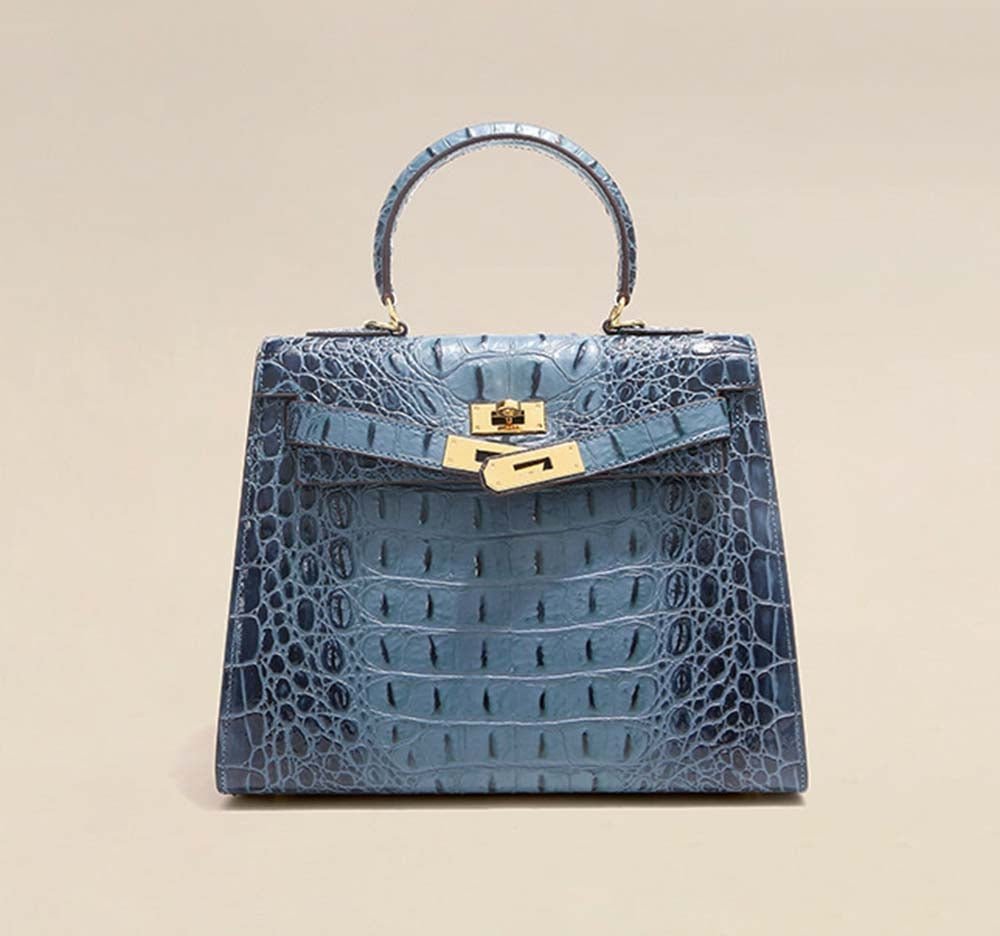 Womens Embossed Crocodile Pattern Calfskin Leather Padlock Shoulder Bag