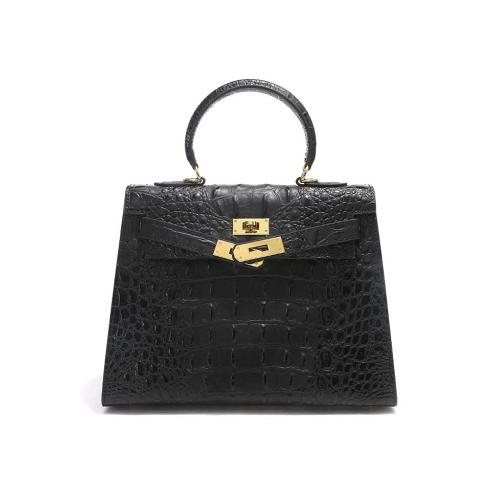 Womens Embossed Crocodile Pattern Calfskin Leather Padlock Shoulder Bag