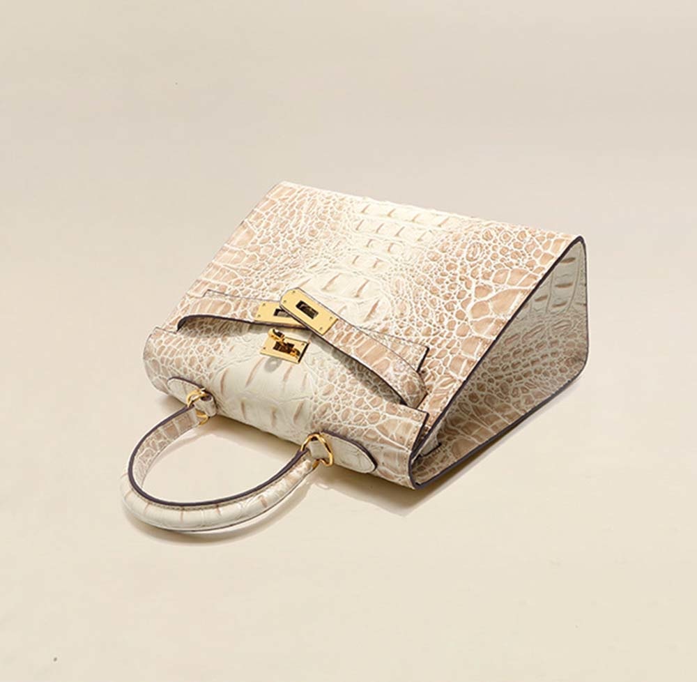 Womens Embossed Crocodile Pattern Calfskin Leather Padlock Shoulder Bag