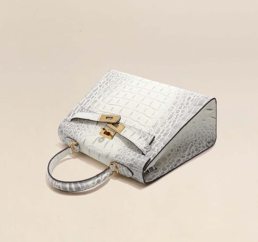 Womens Embossed Crocodile Pattern Calfskin Leather Padlock Shoulder Bag