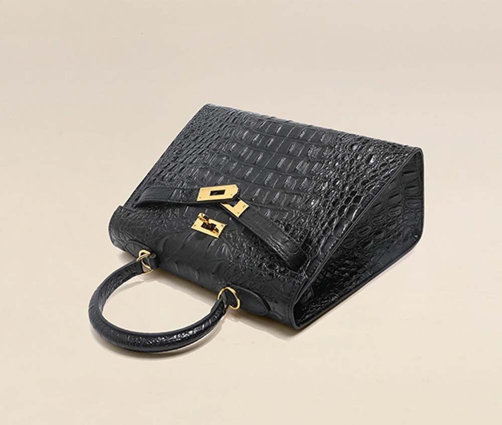 Womens Embossed Crocodile Pattern Calfskin Leather Padlock Shoulder Bag