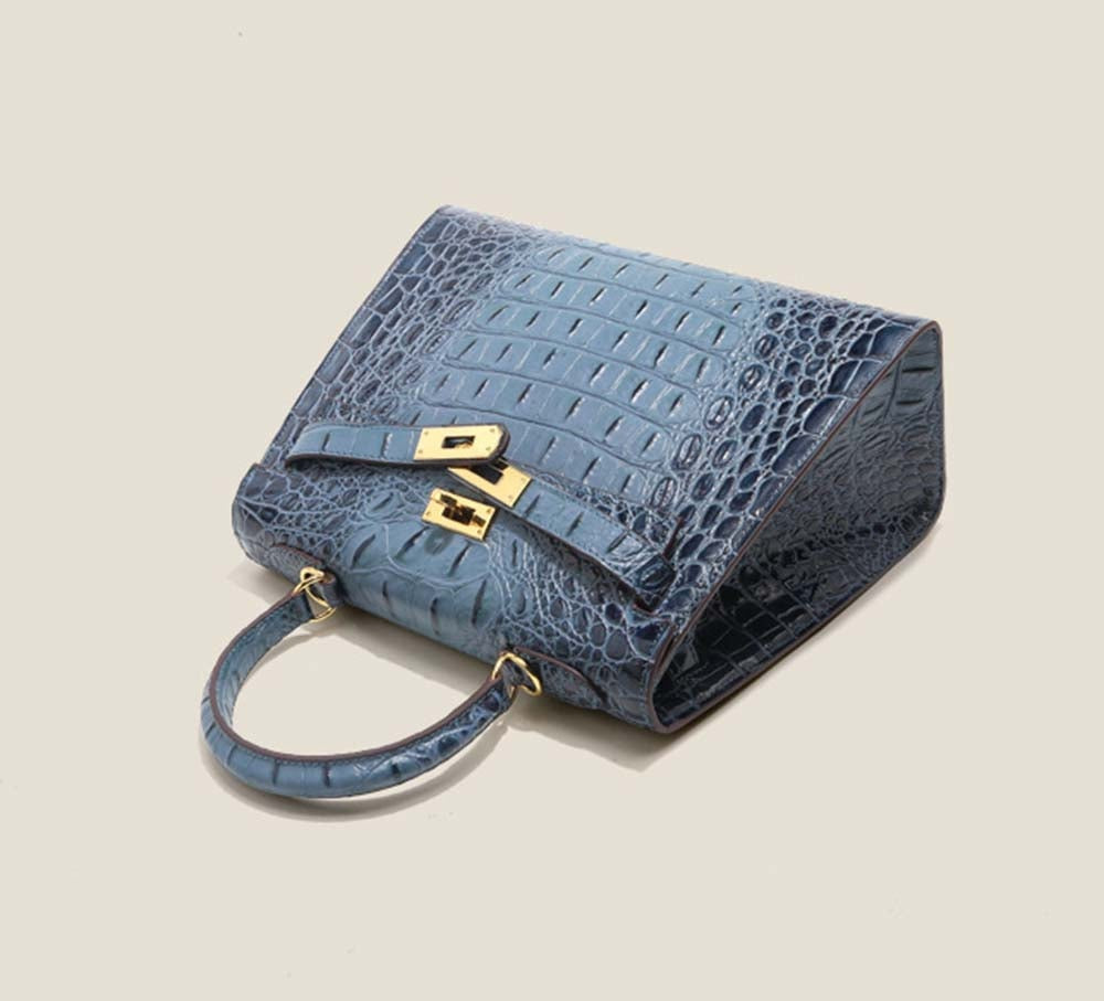 Womens Embossed Crocodile Pattern Calfskin Leather Padlock Shoulder Bag
