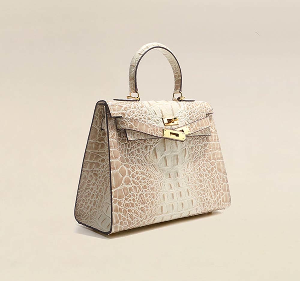 Womens Embossed Crocodile Pattern Calfskin Leather Padlock Shoulder Bag