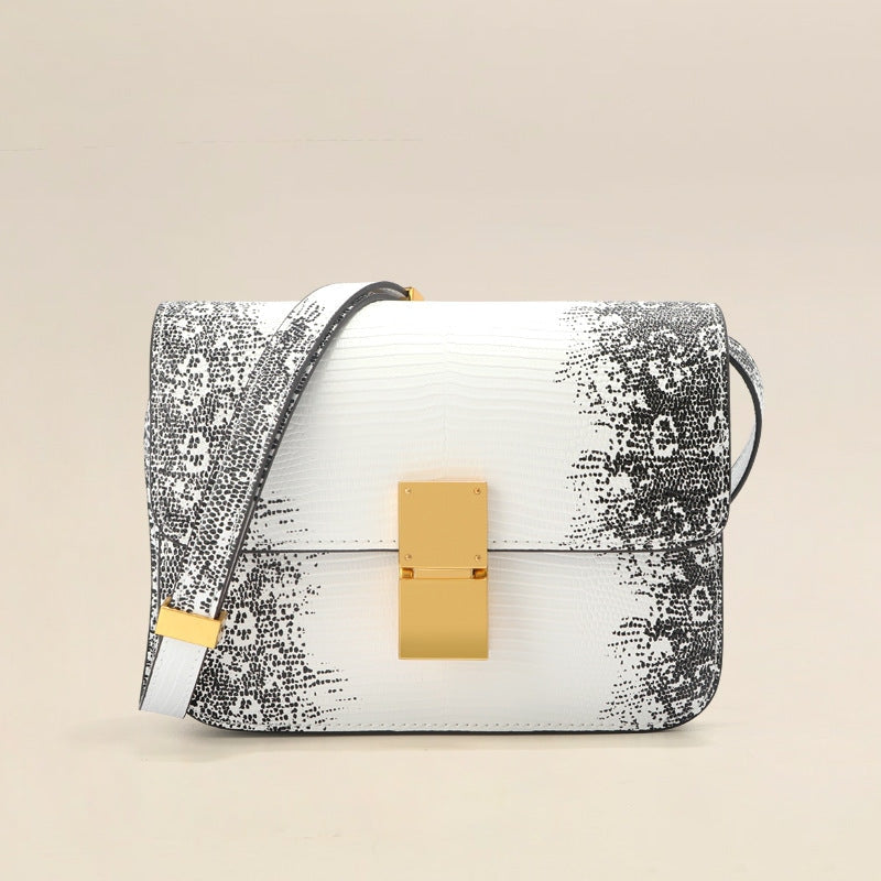 Womens Embossed Lizard Pattern Calfskin Leather Box Bag Himalaya White