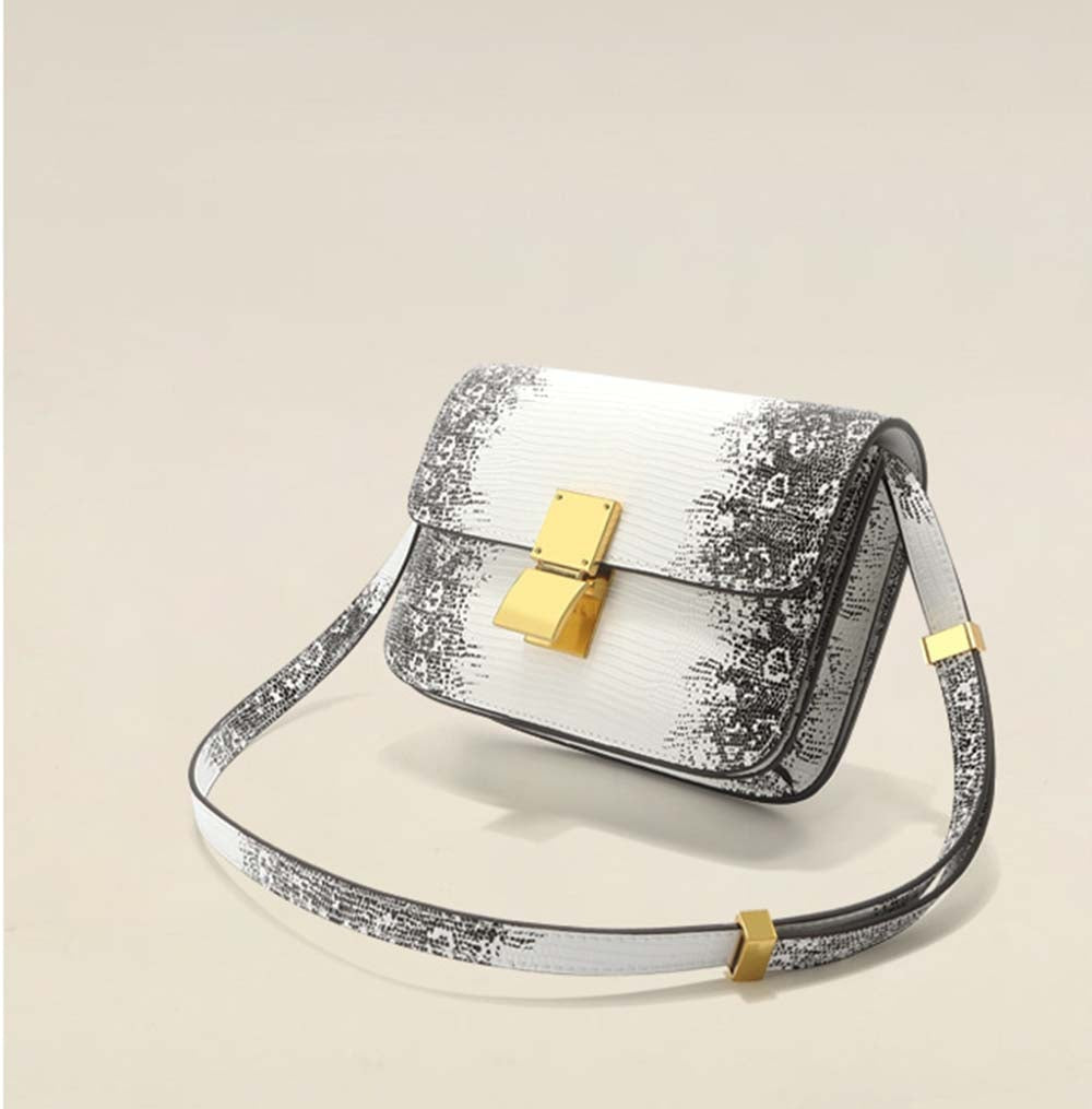 Womens Embossed Lizard Pattern Calfskin Leather Box Bag Himalaya White