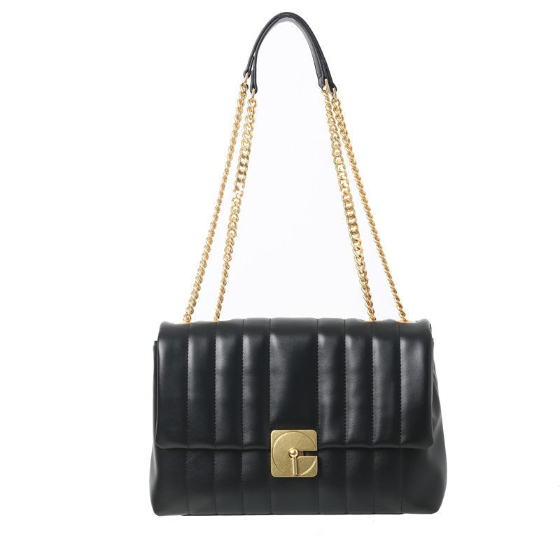 Womens Stripe Stitch Calfskin Flap Chain Shoulder Bag Leather
