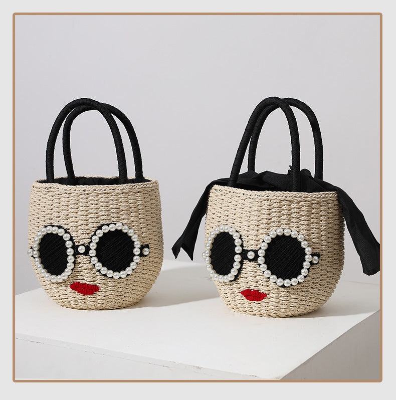 Fashion Lady Woven Raffia Tote Basket Bag With Pearls
