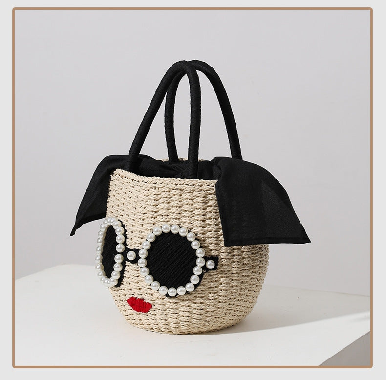 Fashion Lady Woven Raffia Tote Basket Bag With Pearls