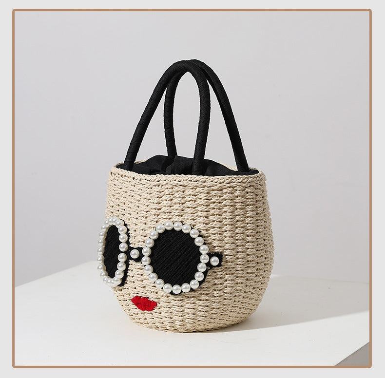 Fashion Lady Woven Raffia Tote Basket Bag With Pearls