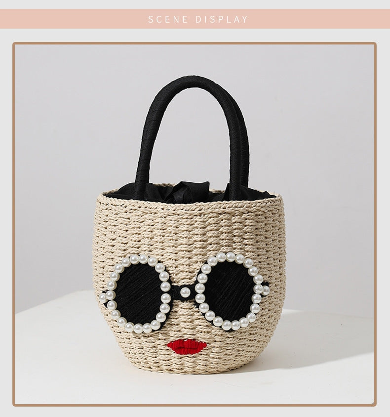Fashion Lady Woven Raffia Tote Basket Bag With Pearls