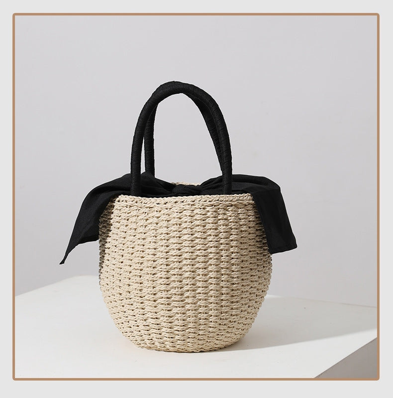 Fashion Lady Woven Raffia Tote Basket Bag With Pearls