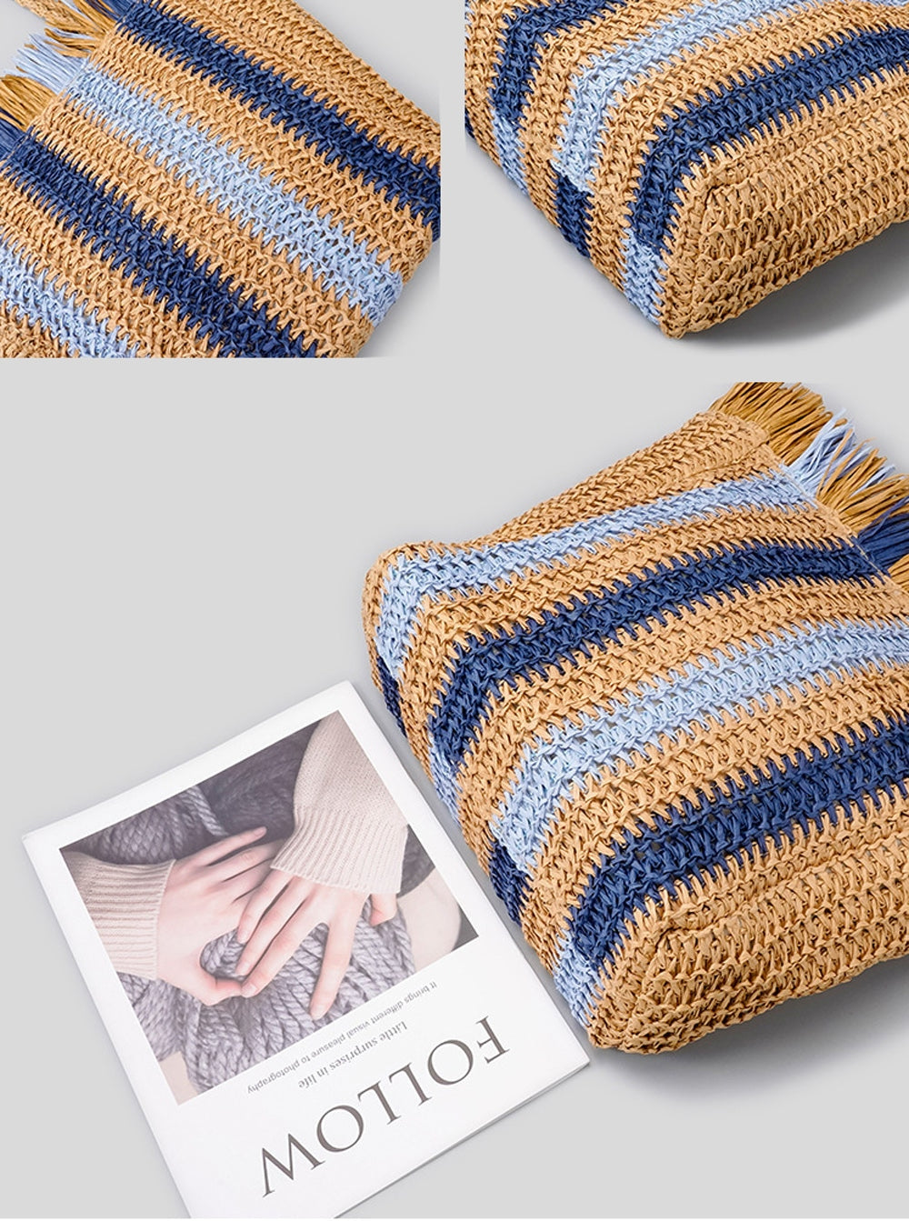 Large Strip Raffia Straw Woven Tote Bag