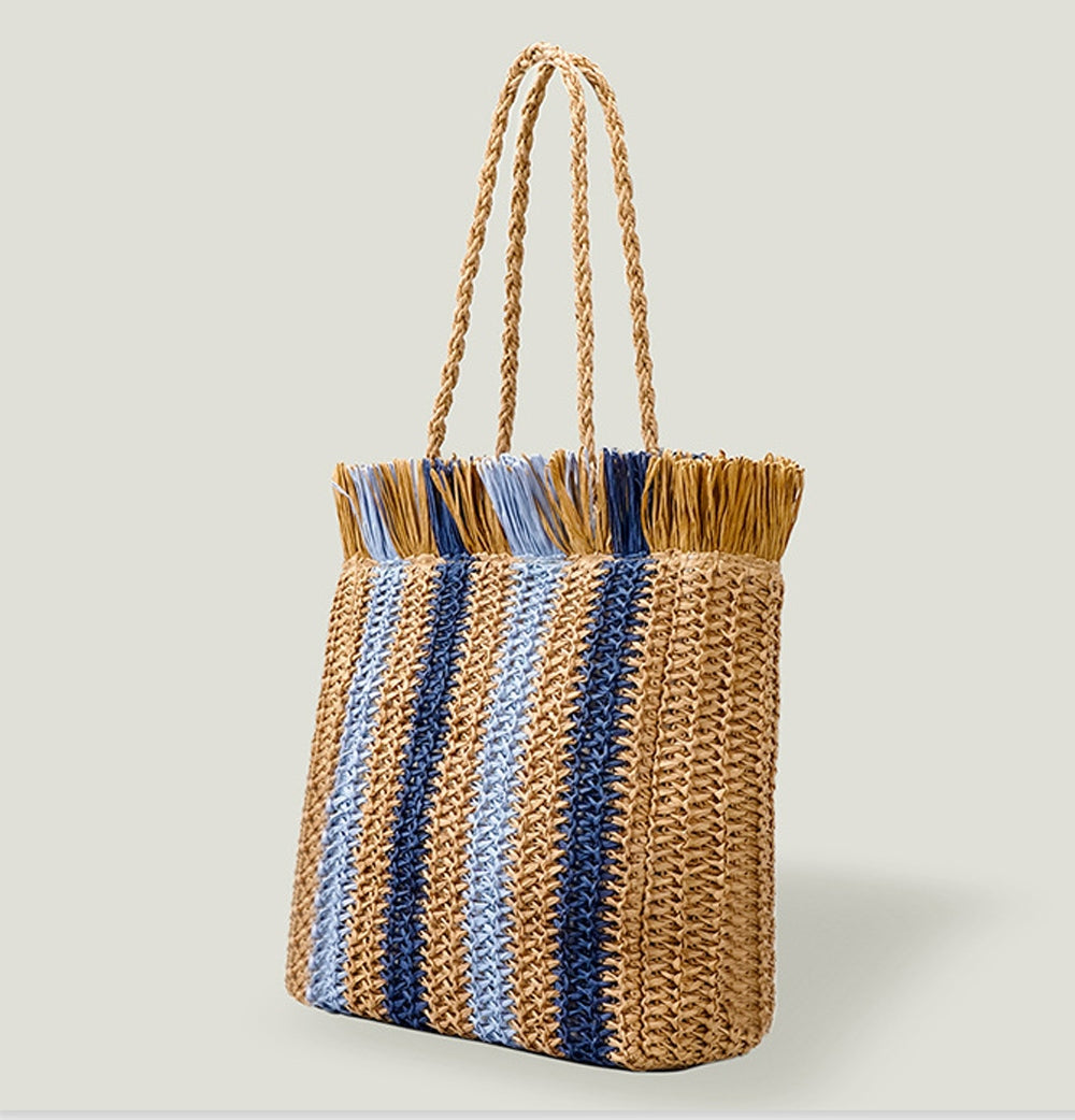 Large Strip Raffia Straw Woven Tote Bag