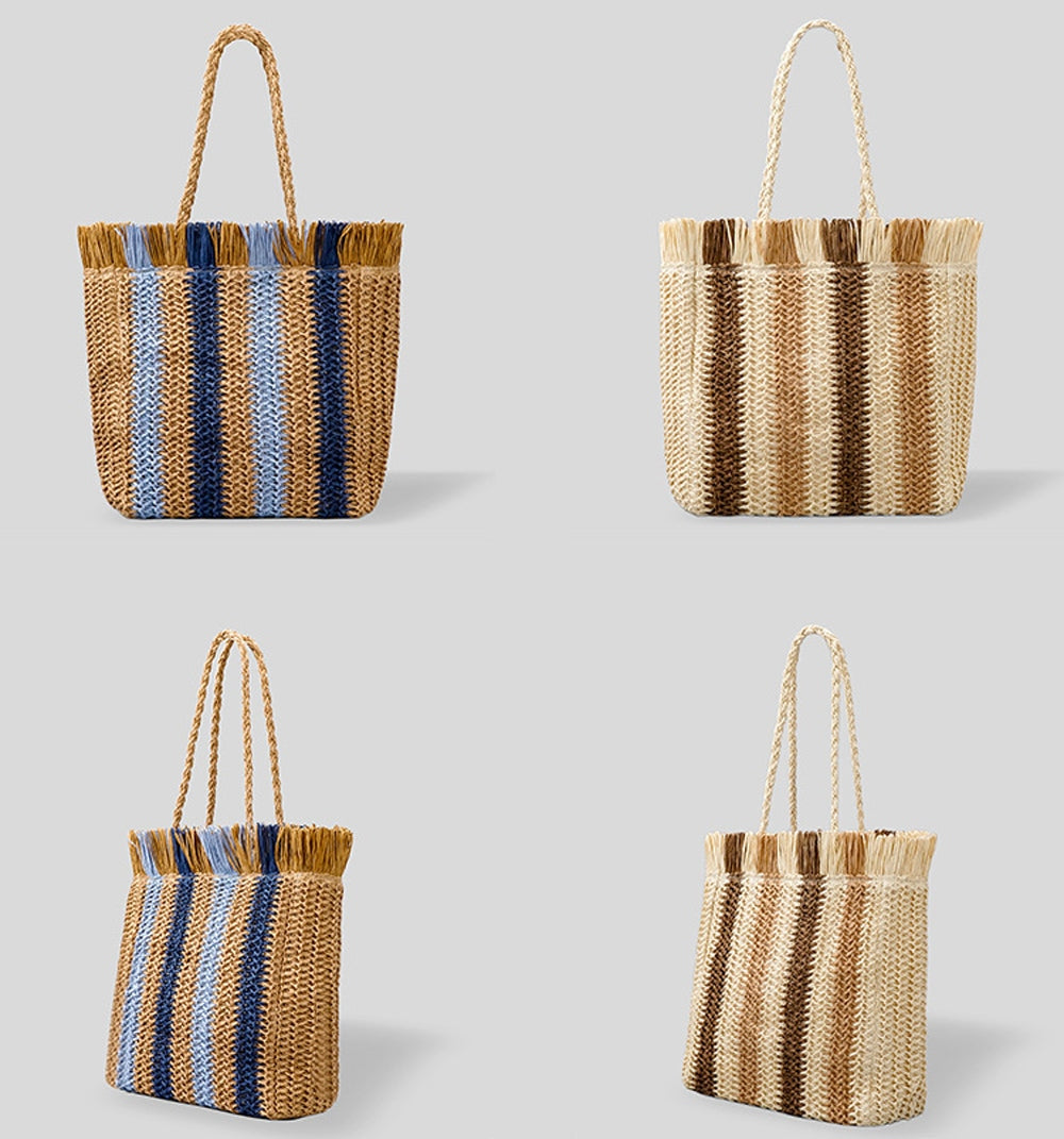 Large Strip Raffia Straw Woven Tote Bag