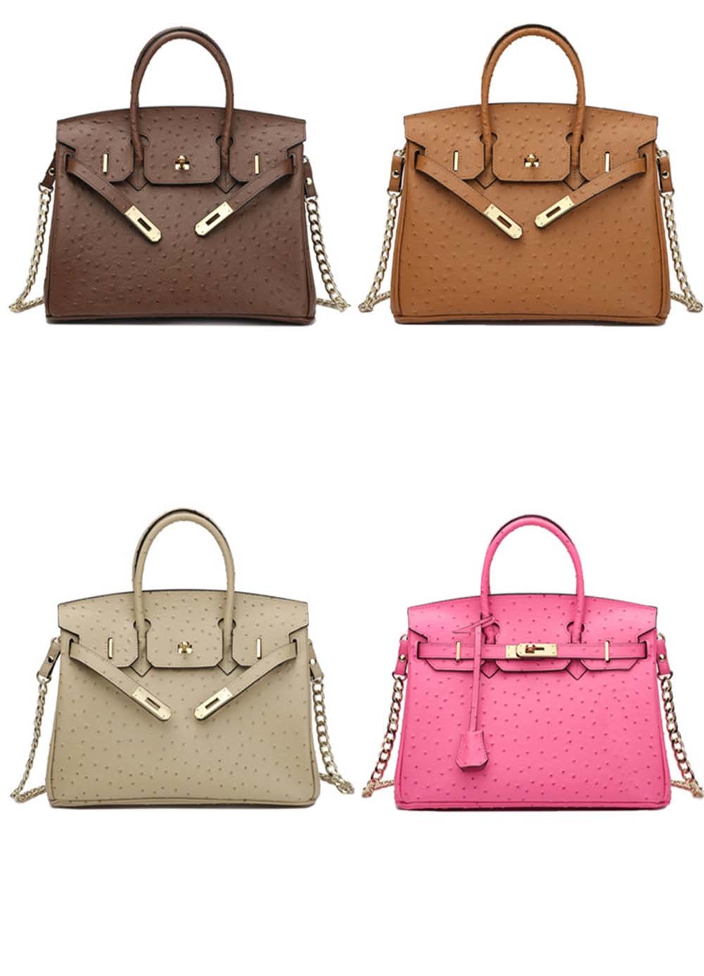 Leather Cross Body Shoulder Bag Otrich Pattern Padlock Birkin Tote