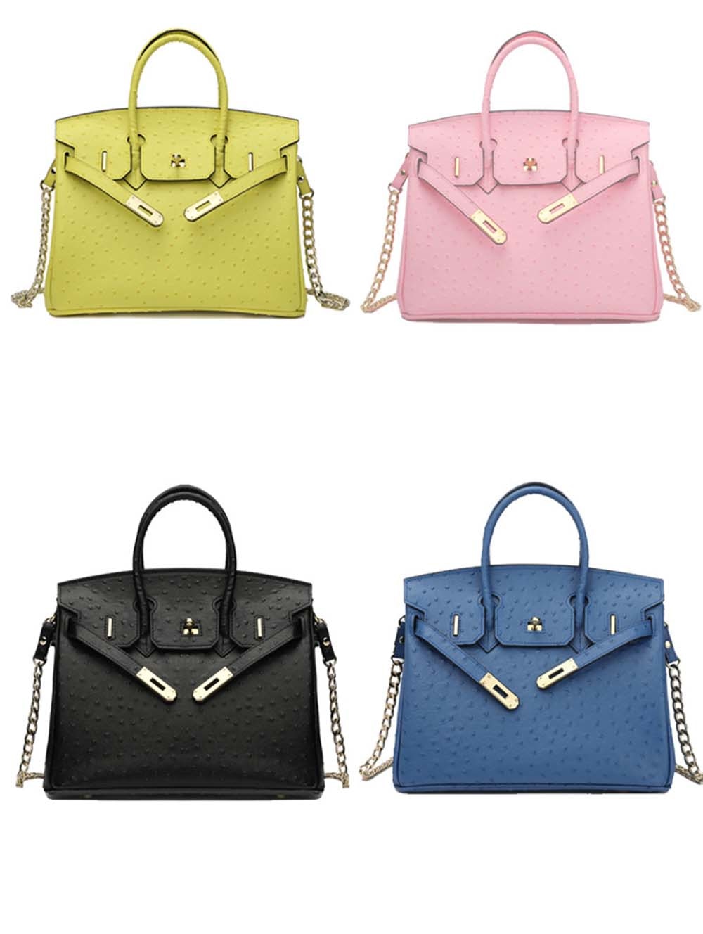 Leather Cross Body Shoulder Bag Otrich Pattern Padlock Birkin Tote
