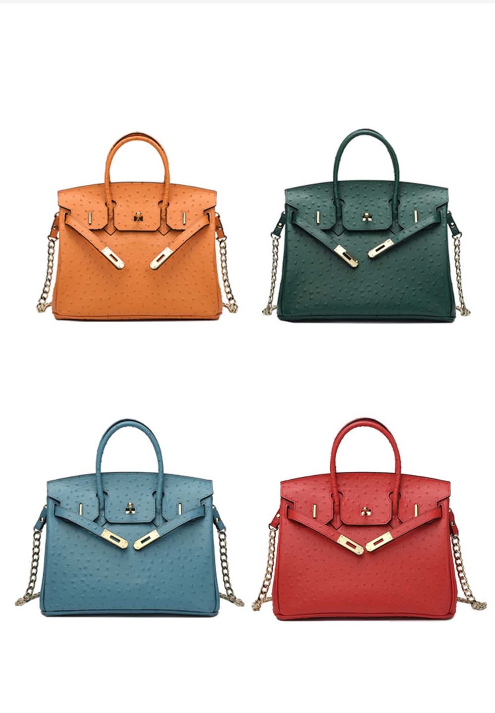 Leather Cross Body Shoulder Bag Otrich Pattern Padlock Birkin Tote