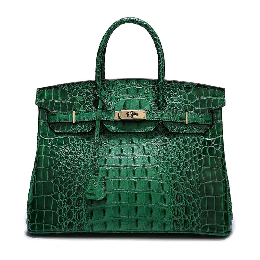Leather Messenger Shoulder Bag Crocodile Bone Pattern Padlock Birkin Tote