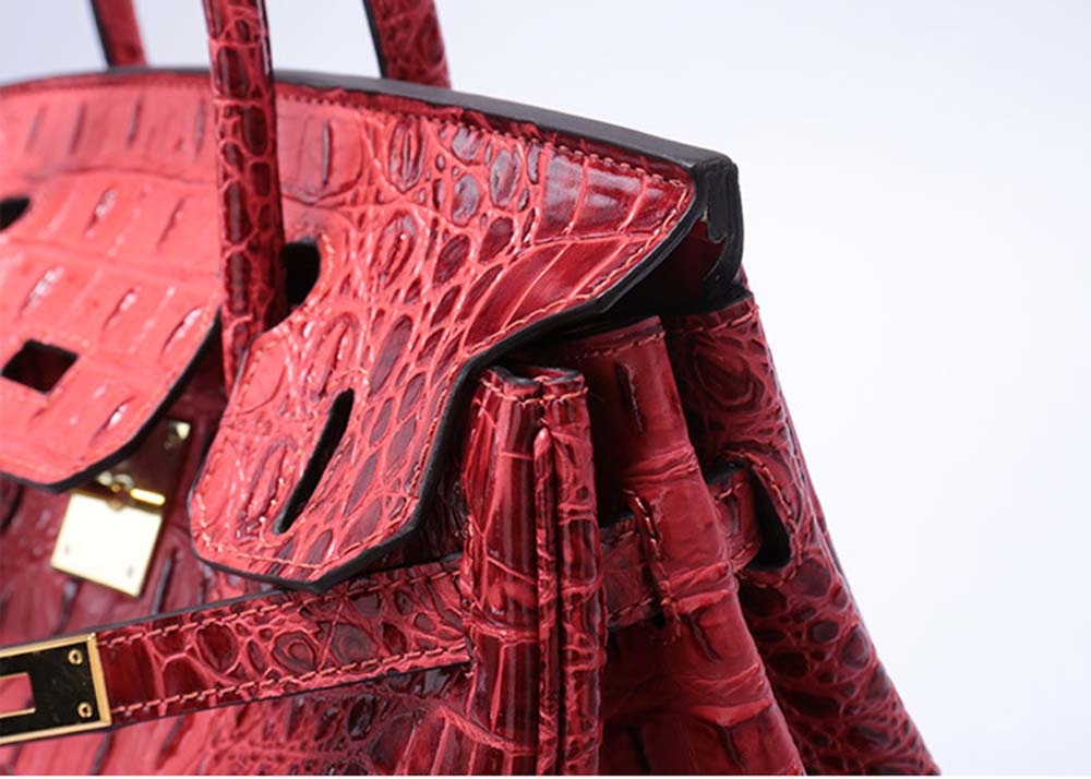 Leather Messenger Shoulder Bag Crocodile Bone Pattern Padlock Birkin Tote