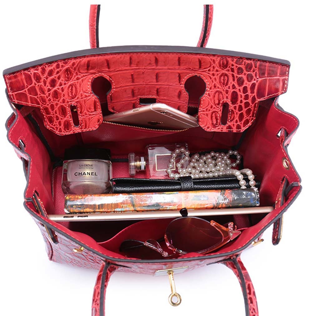 Leather Messenger Shoulder Bag Crocodile Bone Pattern Padlock Birkin Tote