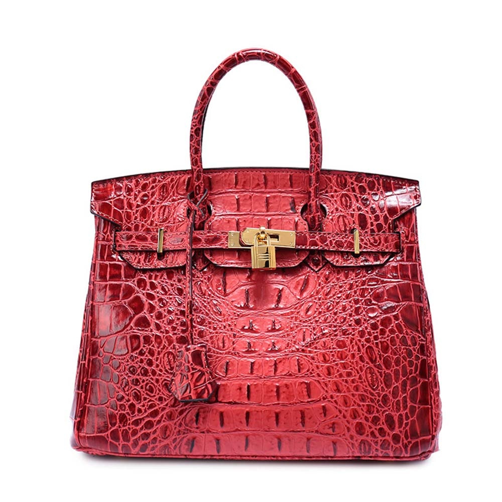 Leather Messenger Shoulder Bag Crocodile Bone Pattern Padlock Birkin Tote