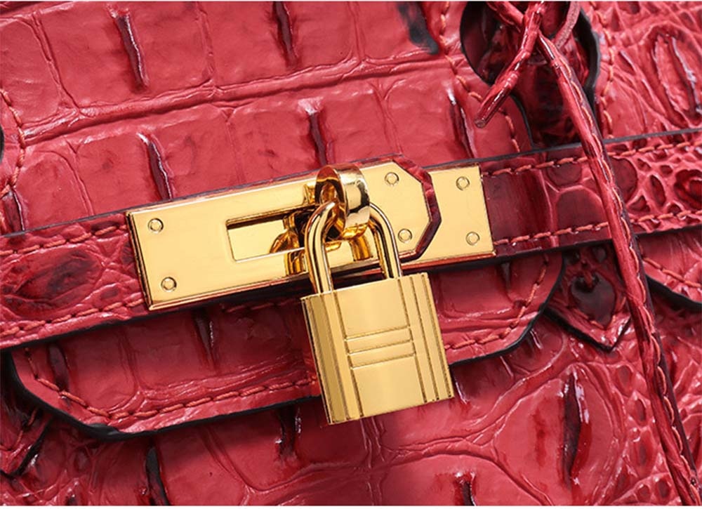 Leather Messenger Shoulder Bag Crocodile Bone Pattern Padlock Birkin Tote