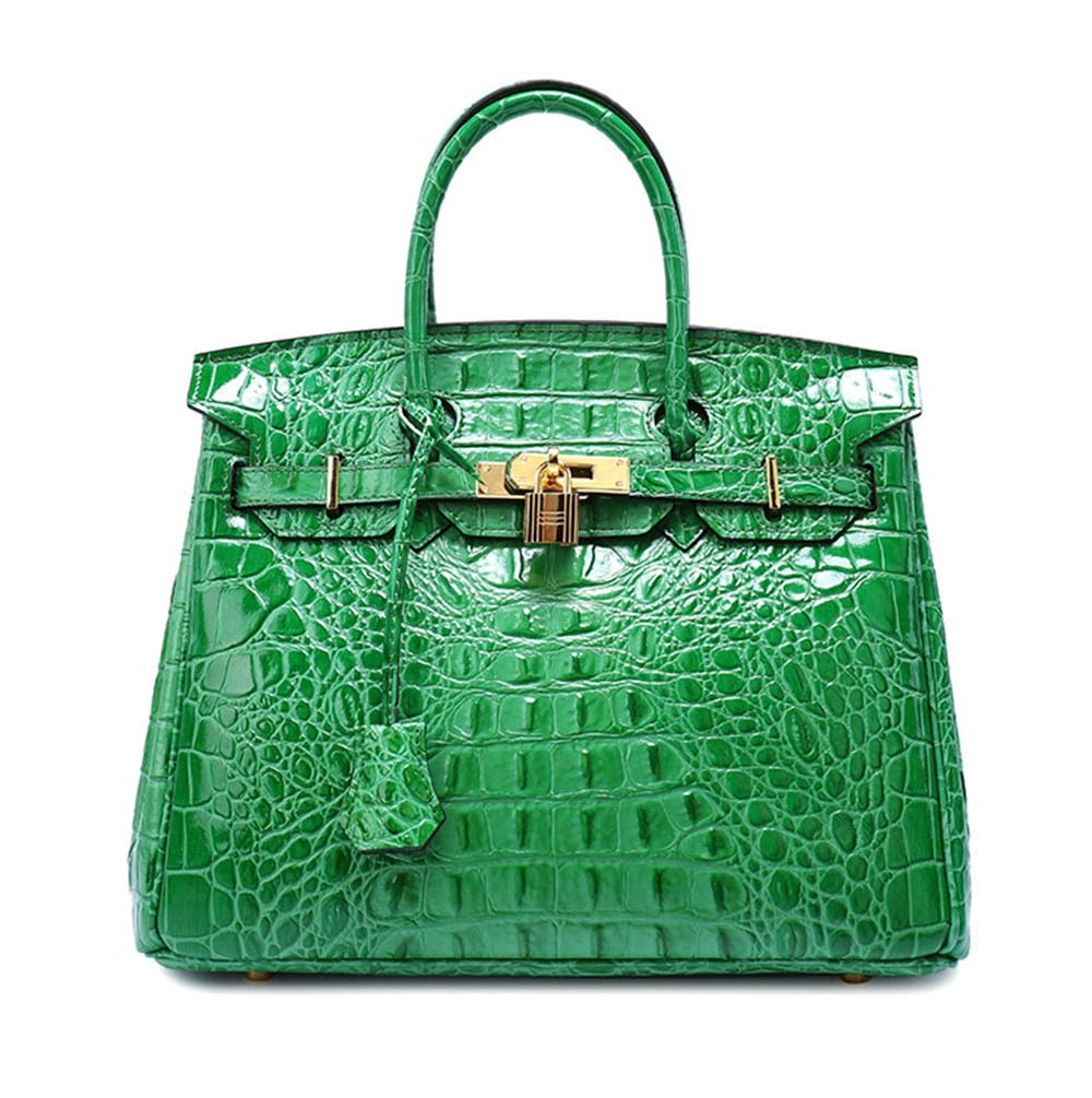 Leather Messenger Shoulder Bag Crocodile Bone Pattern Padlock Birkin Tote