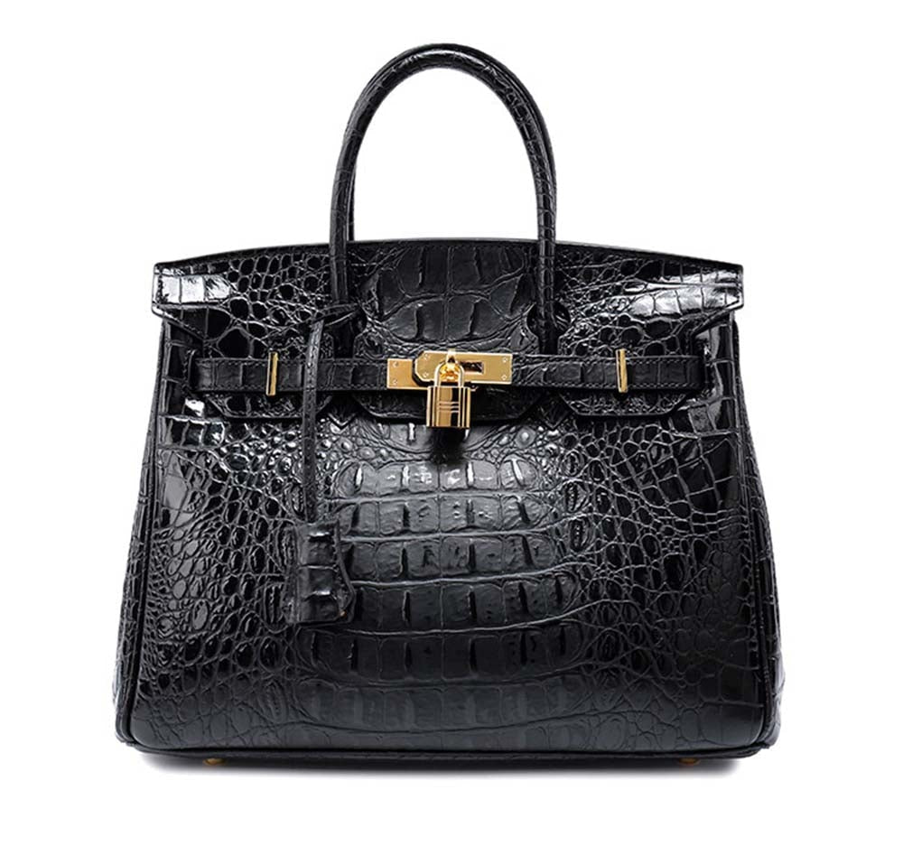 Leather Messenger Shoulder Bag Crocodile Bone Pattern Padlock Birkin Tote
