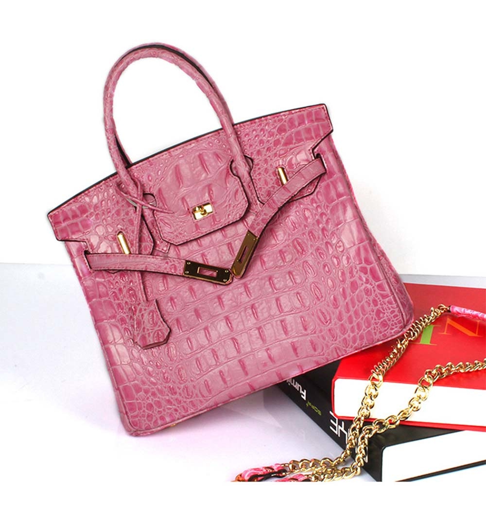 Leather Messenger Shoulder Bag Crocodile Bone Pattern Padlock Birkin Tote