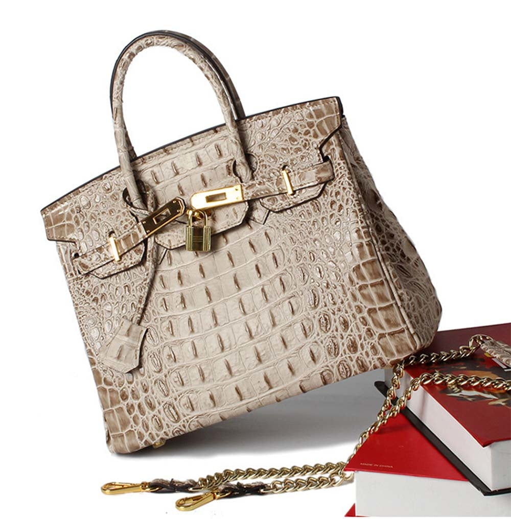 Leather Messenger Shoulder Bag Crocodile Bone Pattern Padlock Birkin Tote