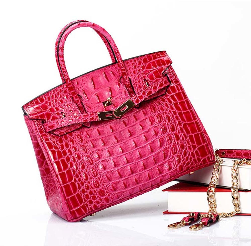 Leather Messenger Shoulder Bag Crocodile Bone Pattern Padlock Birkin Tote