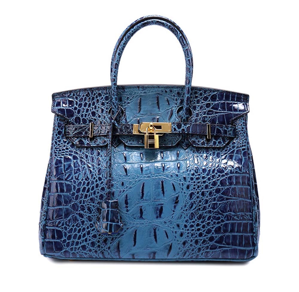 Leather Messenger Shoulder Bag Crocodile Bone Pattern Padlock Birkin Tote