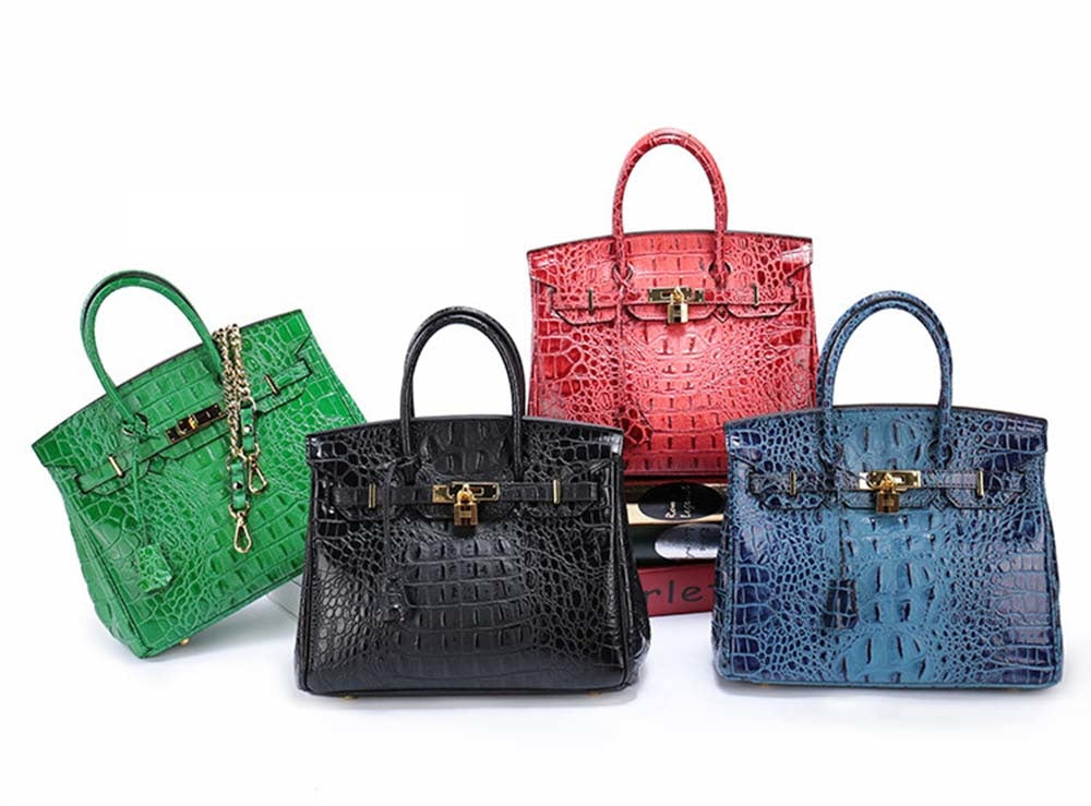 Leather Messenger Shoulder Bag Crocodile Bone Pattern Padlock Birkin Tote