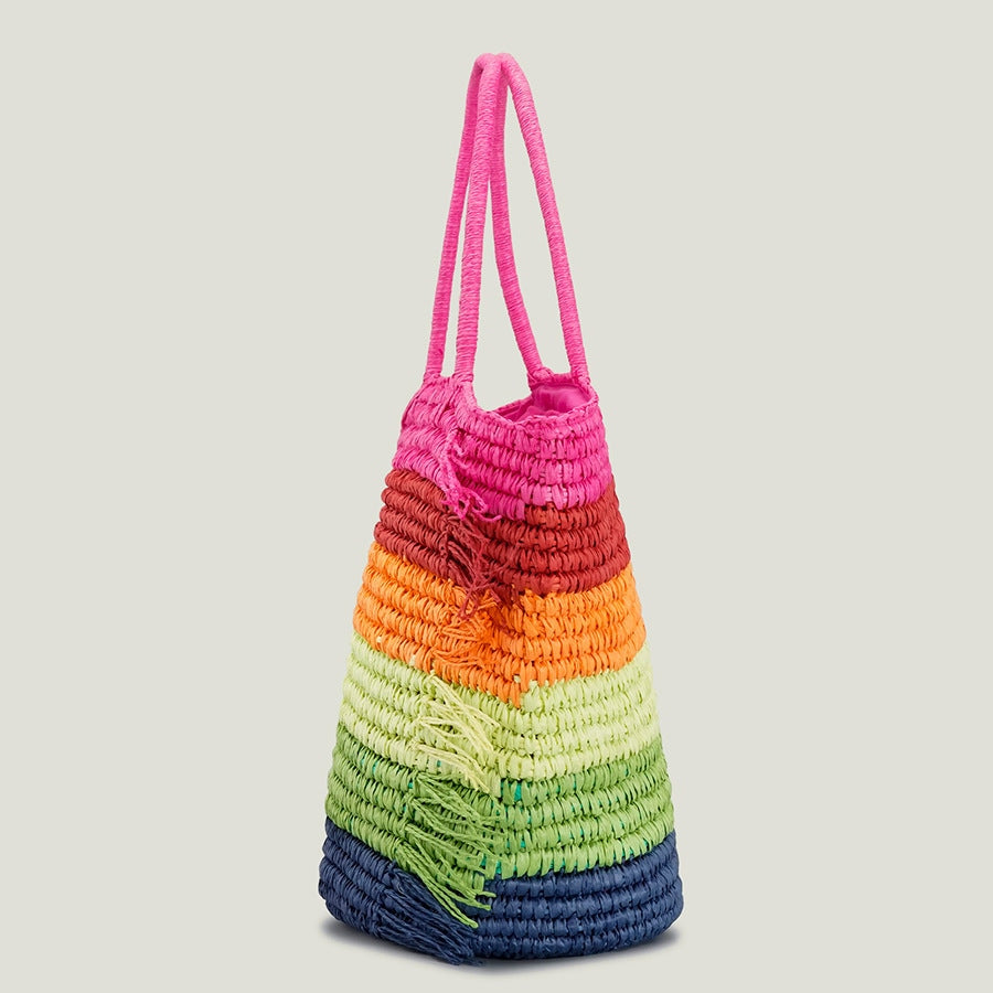 Rainbow Striped Multi-Coloured Raffia Tote Bag