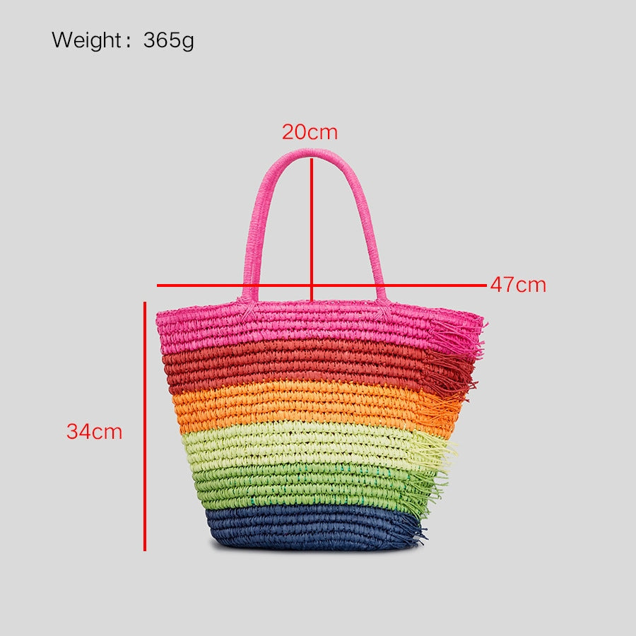 Rainbow Striped Multi-Coloured Raffia Tote Bag