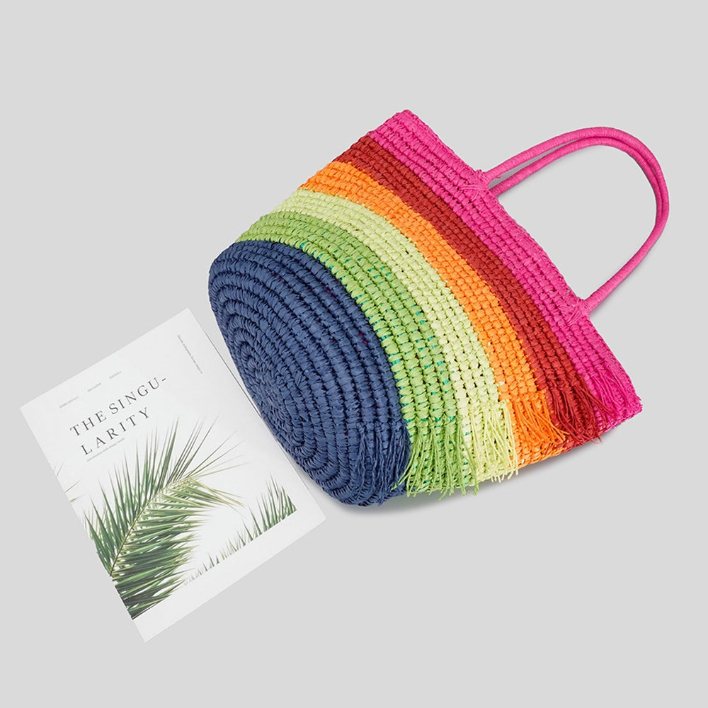 Rainbow Striped Multi-Coloured Raffia Tote Bag