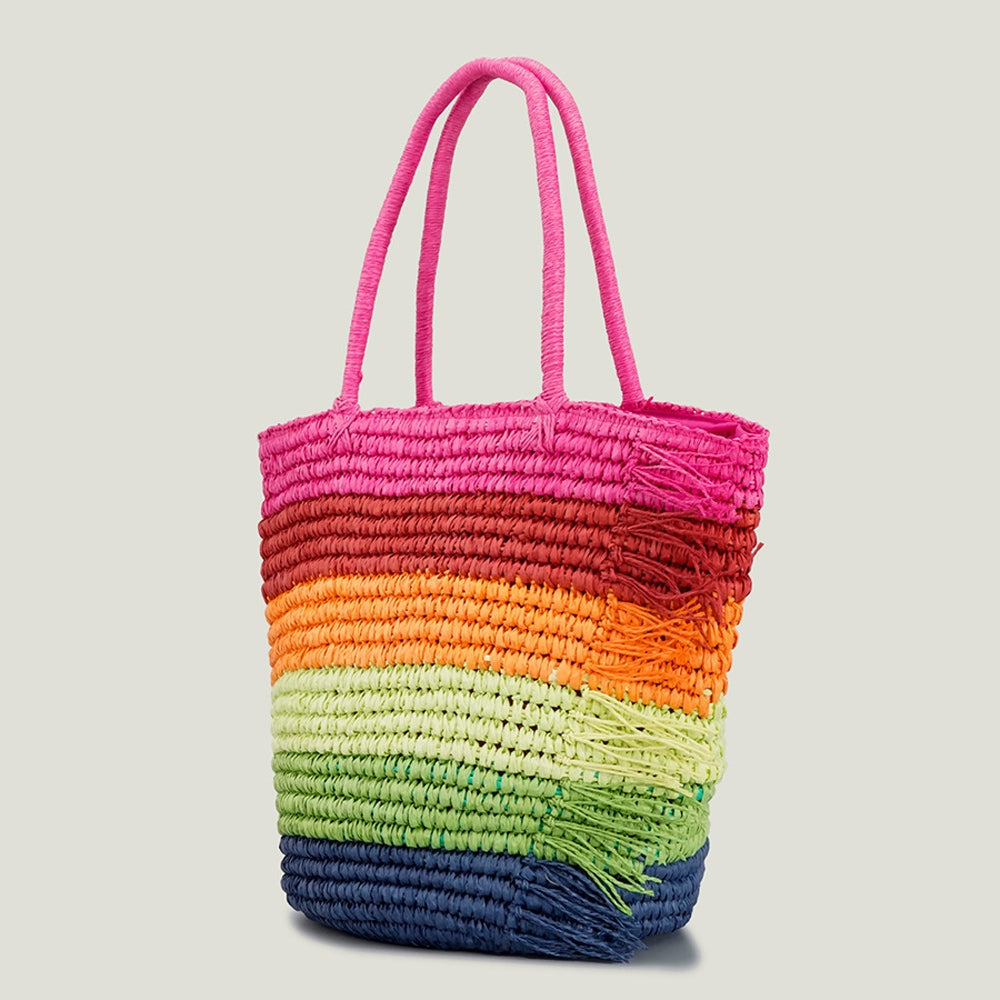 Rainbow Striped Multi-Coloured Raffia Tote Bag